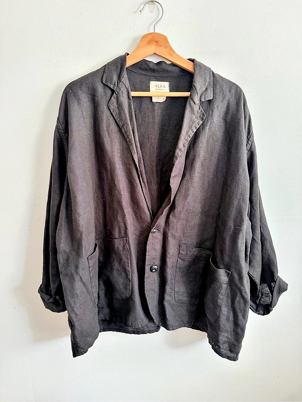 FLAX by Angelheart Linen Blazer Jacket Medium Black Oversized Lagenlook